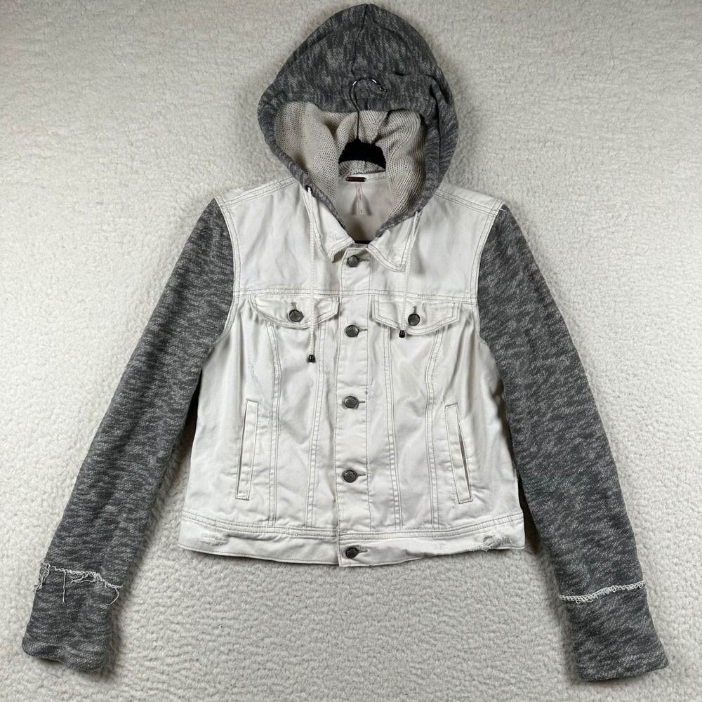 Free People Denim Trucker Jacket Womens Mixed Media Hooded Knit Sleeve M Boho